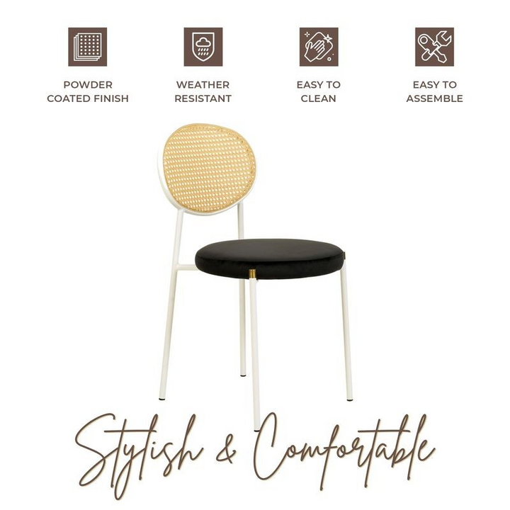 Chair with rattan backrest and black seat, featuring product features on a white background.