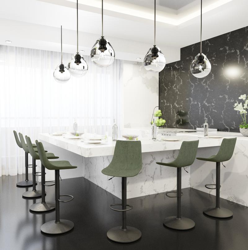 LeisureMod Tilbury Modern Adjustable Bar Stool with Footrest and 360-Degree Swivel in Olive Green at Bar.