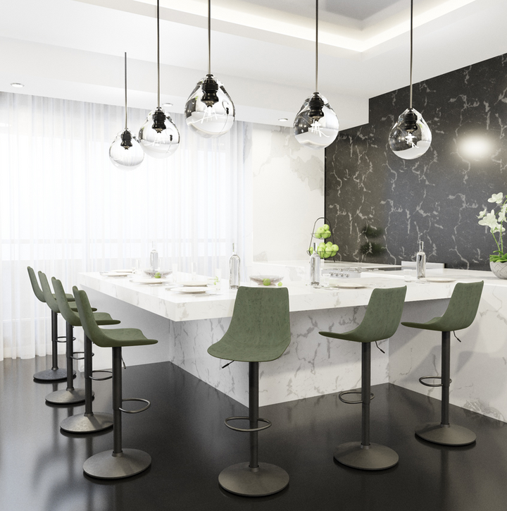 LeisureMod Tilbury Modern Adjustable Bar Stool with Footrest and 360-Degree Swivel in Olive Green at Bar.