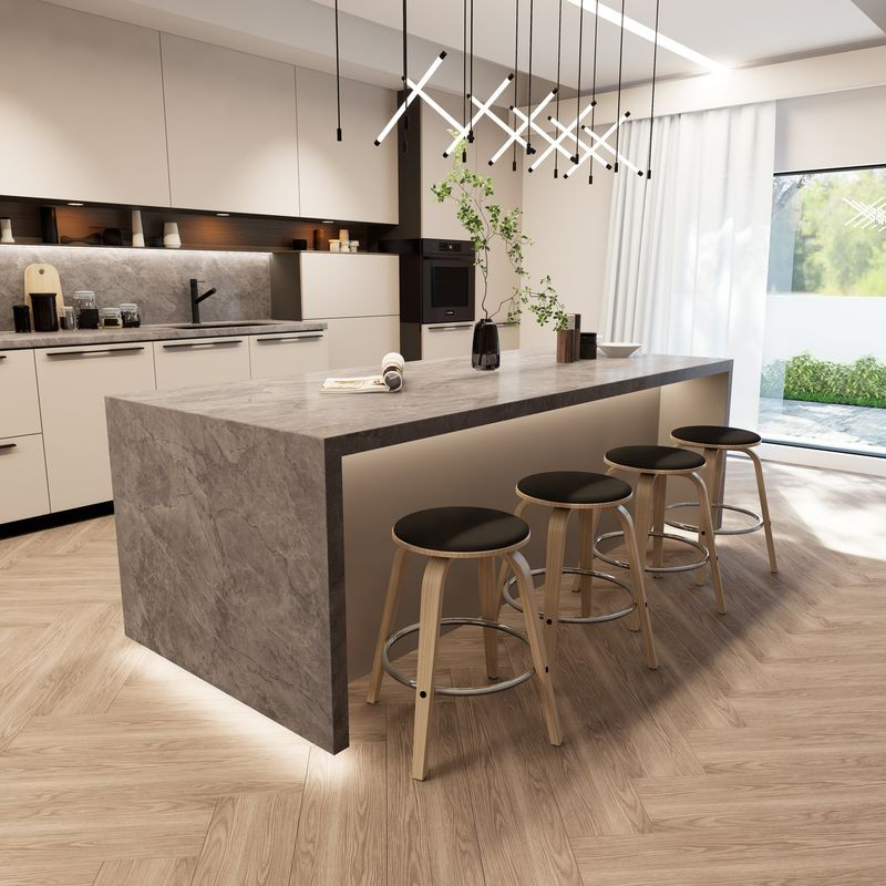 LeisureMod Wooden Counter Stool Pelya Collection Modern Style Washed Walnut Color in Black at Bar.