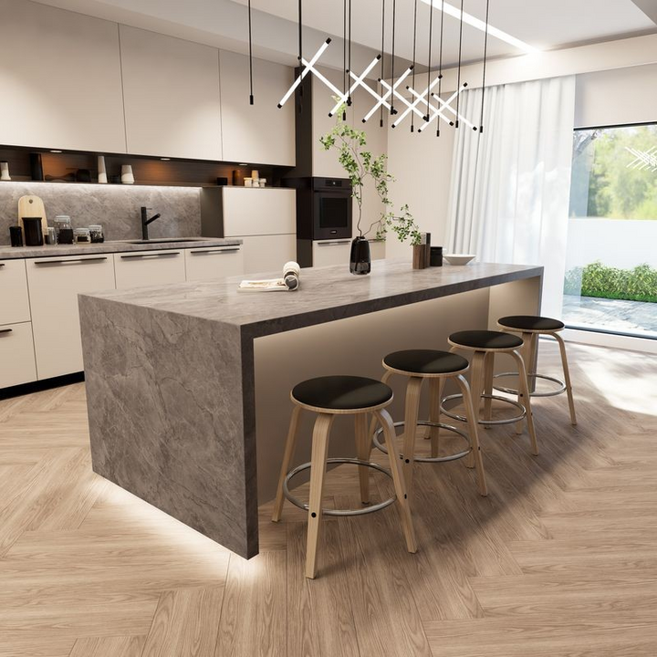 LeisureMod Wooden Counter Stool Pelya Collection Modern Style Washed Walnut Color in Black at Bar.