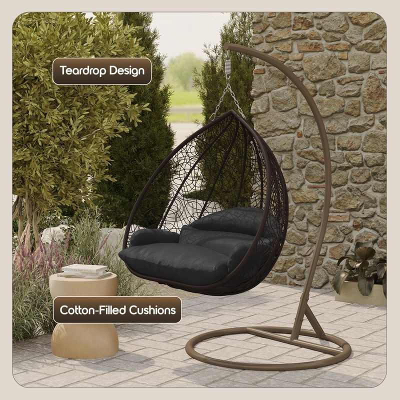 Leisuremod Recluse Collection Modern Outdoor Swing Chair Brown Frame with ES57 Black Cushion Details.