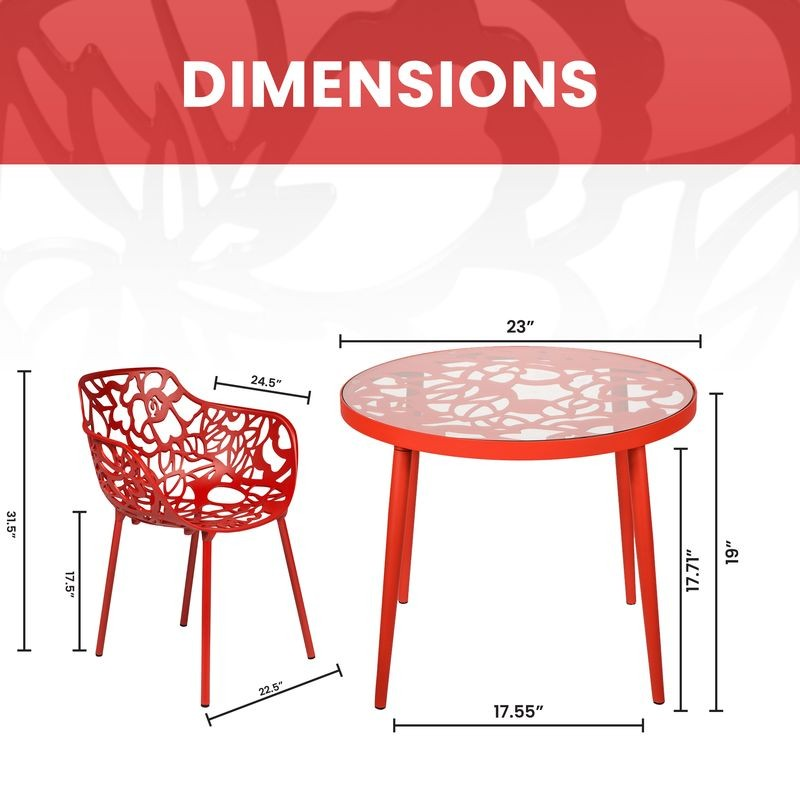 Red chair and table with dimensions labeled on a white background.