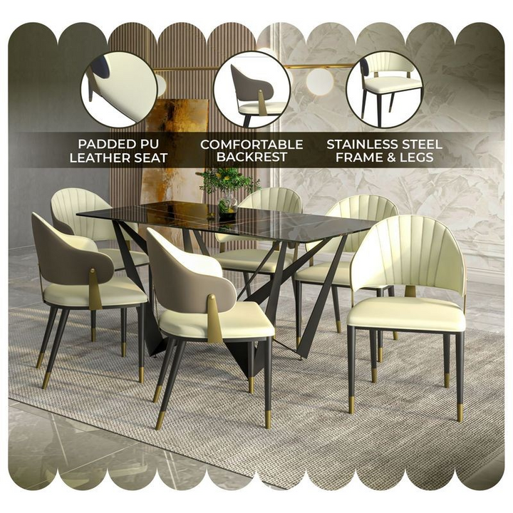Dining table set with chairs featuring padded PU leather seat, comfortable backrest, and stainless steel frame & legs.