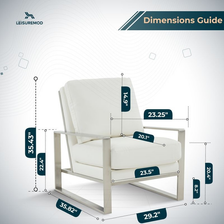 LeisureMod Jefferson Faux Leather Modern Design Accent Armchair with Elegant Silver Frame White Dimensions.