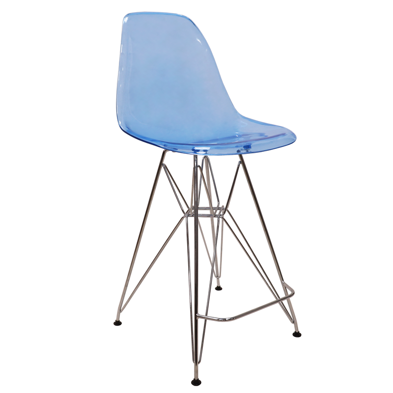 LeisureMod Cresco Modern Acrylic Barstool with Chrome Base and Footrest in Transparent Blue