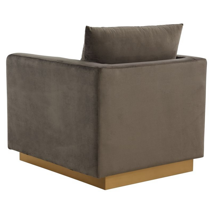 LeisureMod Nervo Velvet Accent Armchair with Gold Frame Dark Grey Back View.