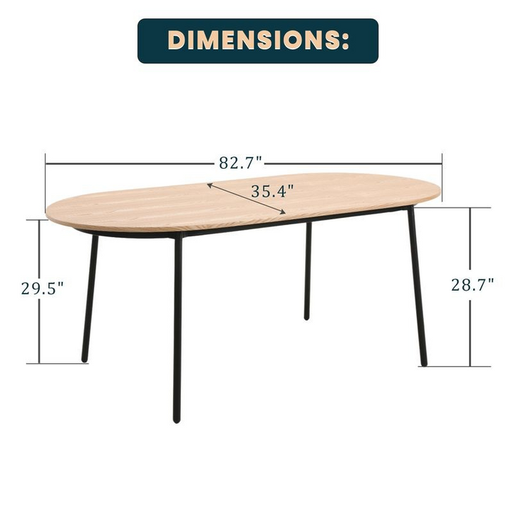LeisureMod Tule Modern 83" Oval Dining Table with MDF Top and Black Steel Legs in Natural Wood Dimensions.