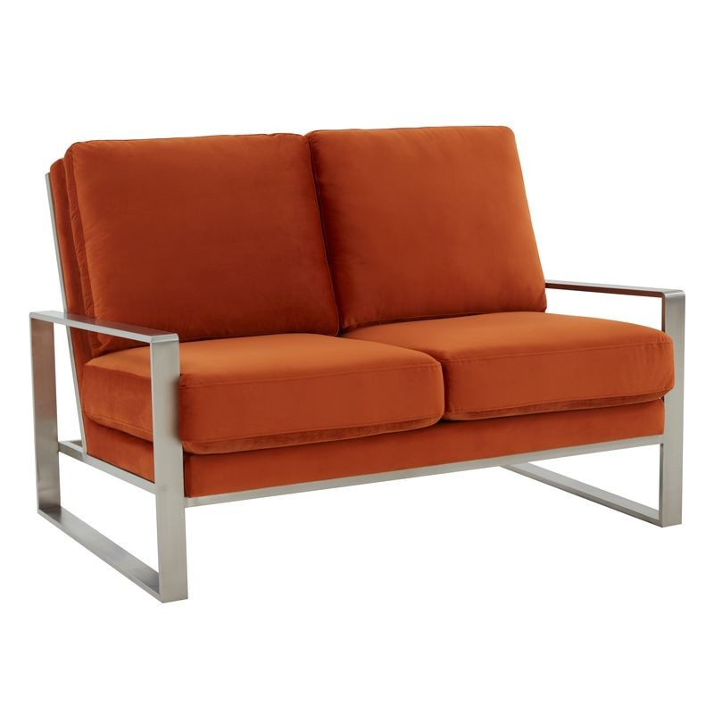 Leisuremod Jefferson Contemporary Modern Velvet Loveseat with Silver Frame Orange