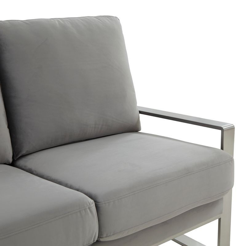 LeisureMod Jefferson Contemporary Modern Design Velvet Sofa with Silver Frame Light Grey Closeup.