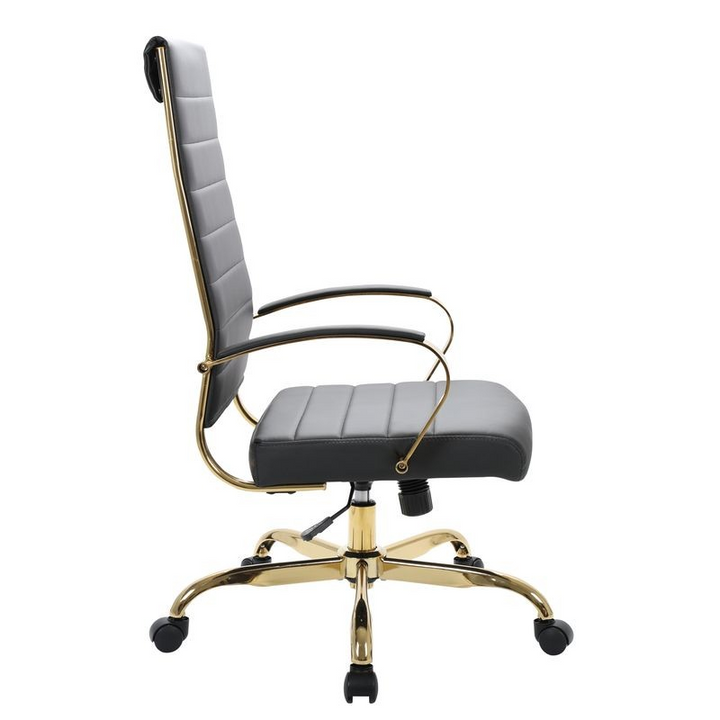 LeisureMod Benmar High-Back Leather Office Chair with Gold Frame Black Side View.