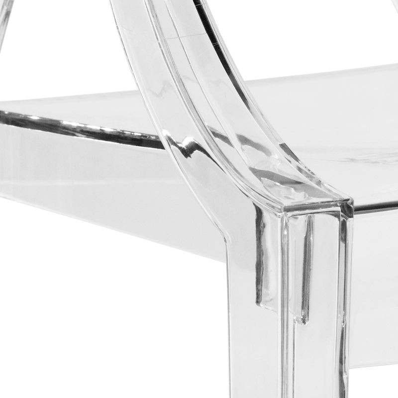 Close-up of a clear acrylic chair with a white background.