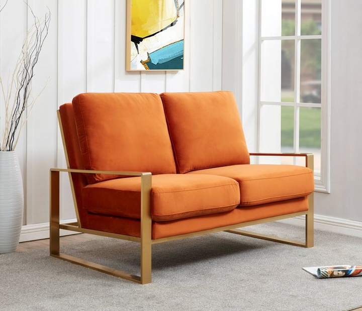 Leisuremod Jefferson Contemporary Modern Velvet Loveseat with Gold Frame Orange with Background.