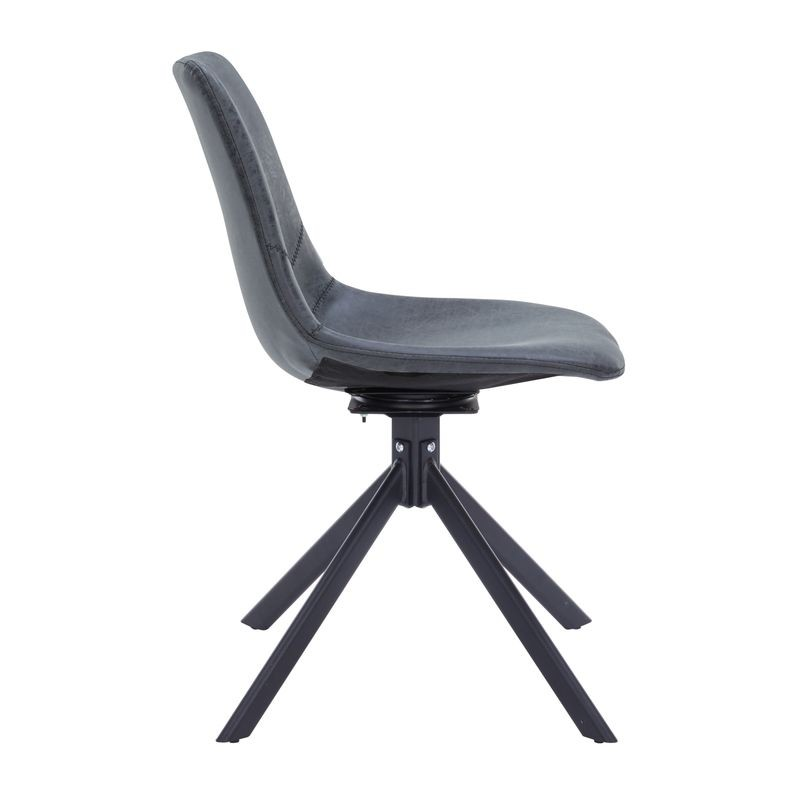 LeisureMod Markley Modern Leather Swivel Dining Chair With Metal Legs in Black Side View.