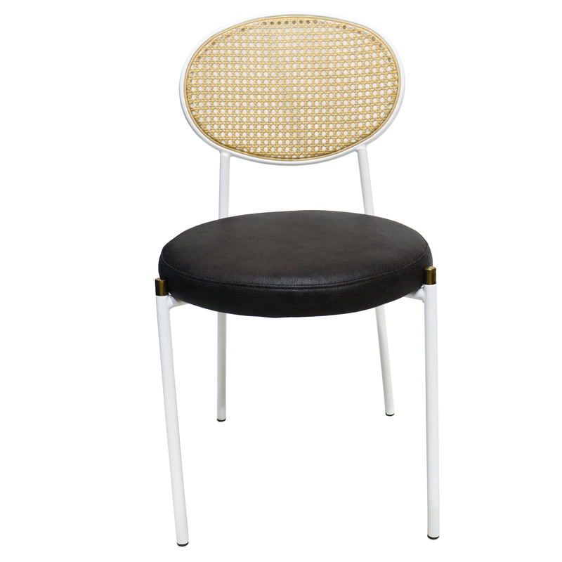 LeisureMod Euston Modern Wicker Dining Chair with White Frame and Leather Seat in Charcoal Set of 2 Front View.