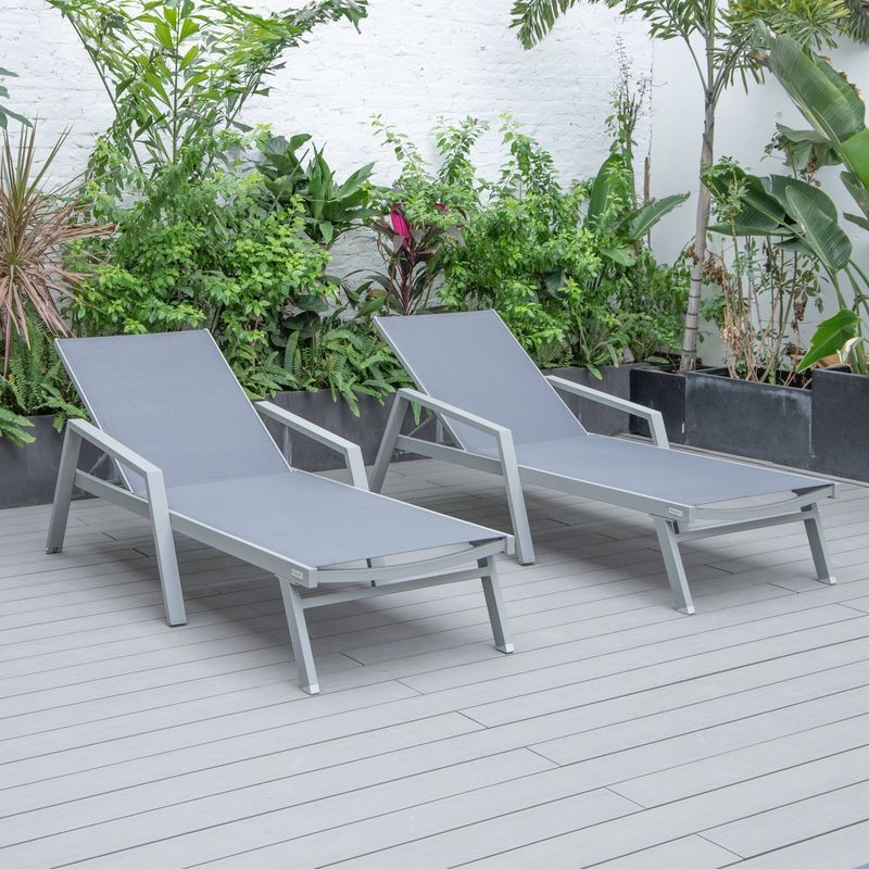 LeisureMod Marlin Patio Chaise Lounge Chair with Armrests in Grey Aluminum Frame, Set of 2 in Dark Grey