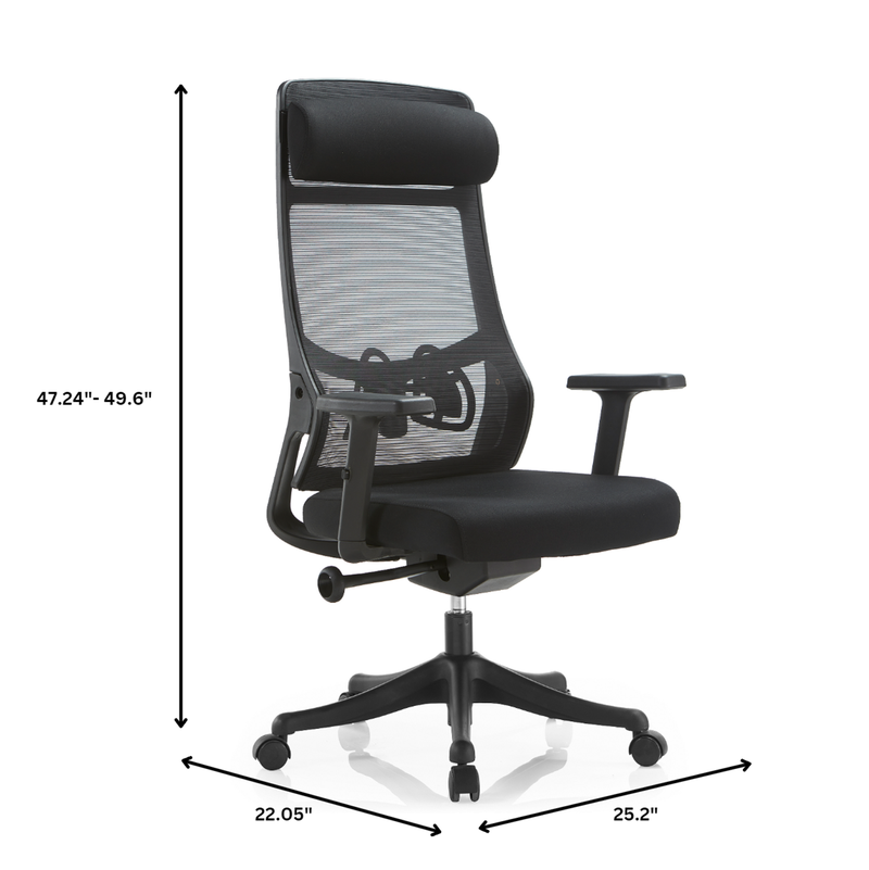Black office chair with dimensions indicated on a white background.