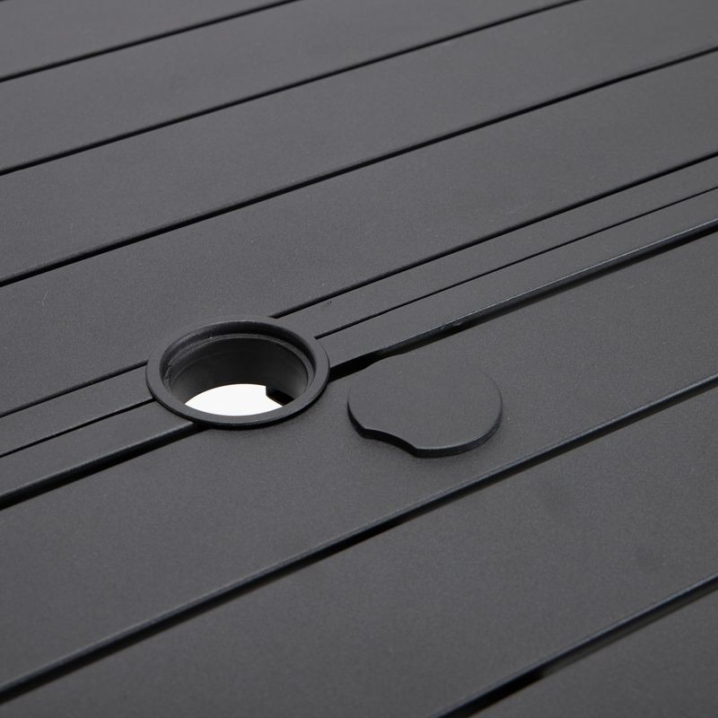 LeisureMod Chelsea 60″ Round Outdoor Aluminum Dining Table for Patio Black Opened Umbrella Seal.
