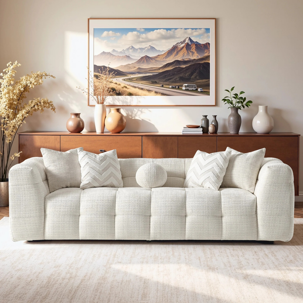 Alana Tufted Ivory Chenille Sofa Photo.