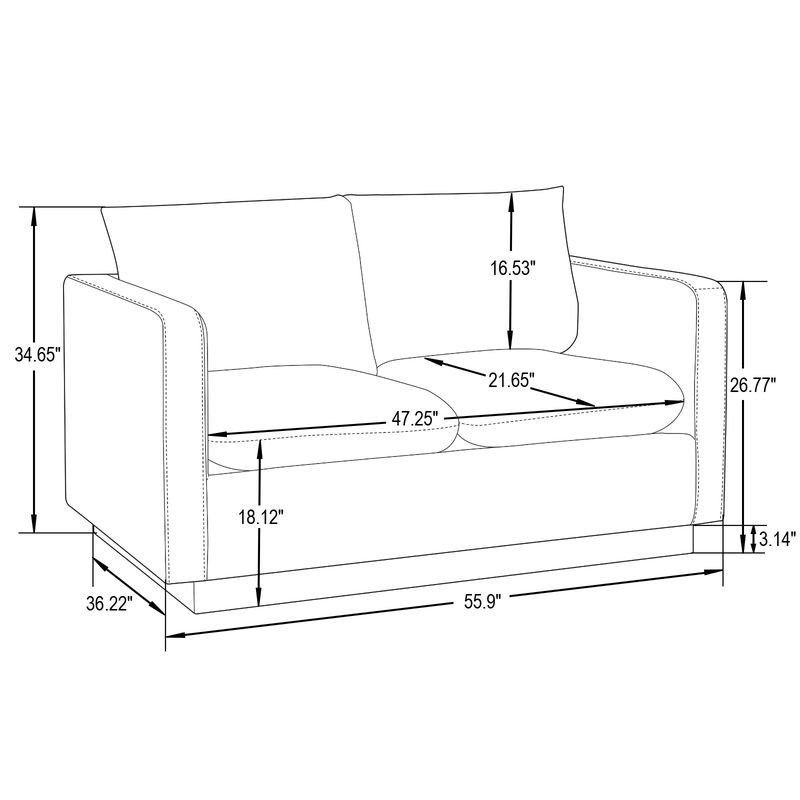 LeisureMod Nervo Modern Mid-Century Upholstered Faux Leather Loveseat with Gold Frame Black Dimensions.