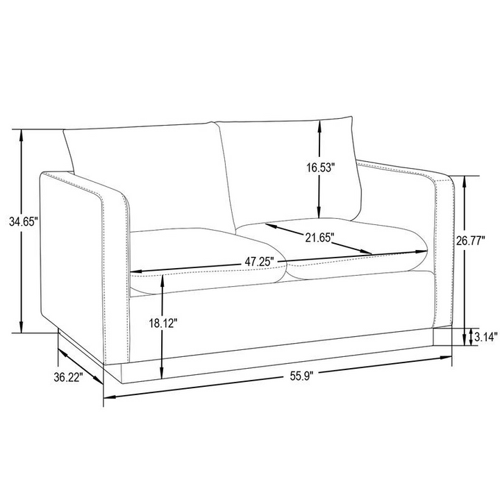 LeisureMod Nervo Modern Mid-Century Upholstered Faux Leather Loveseat with Gold Frame Black Dimensions.
